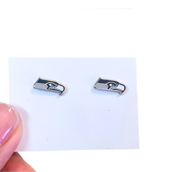 Seattle Seahawks Team Stud Earrings Silver Blue Enamel Football NFL Fan Logo - Picture 2 of 7